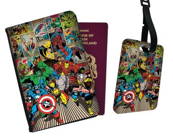 Personalised Passport Cover and Luggage tag, Custom Marvel Travel Gift, Avengers Endgame, Captain America, Thor, Spiderman, Hulk, Ironman