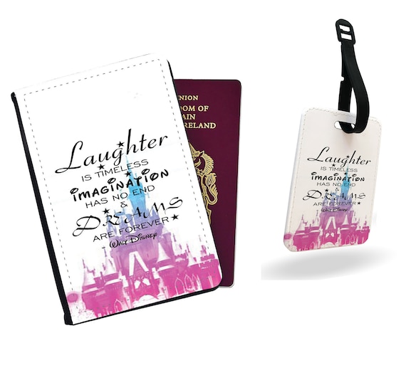 Personalised Passport Cover, Customised Luggage tag, Travel Gift Set,  Mickey Mouse, First Trip to Disneyland, Disney Quote Laughter