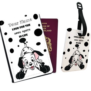 Personalised Passport Cover, Customised Luggage Tag, Travel Accessories Set, Disney 101 Dalmatians, First Passport, Look For The Good Spots