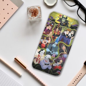 Funda para teléfono tipo billetera con insertos para tarjetas, funda de cuero personalizada para teléfono, estuche para teléfono personalizado, villanos de Disney, ¡agrega tu nombre!