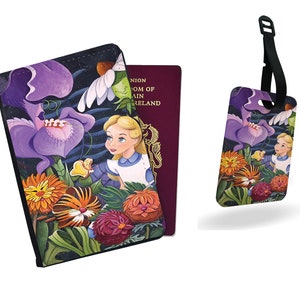 Capa de passaporte personalizada, etiqueta de bagagem personalizada, conjunto de viagem da Disney, Alice no País das Maravilhas, o Gato de Cheshire - adicione seu nome!