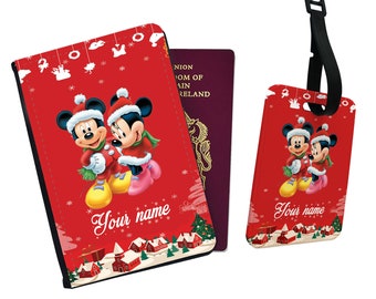 Personalised Passport Cover, Customised Luggage tag, Travel Gift Set, Travel Accessory Set, Cute Mickey Mouse and Minnie, Gift for Christmas