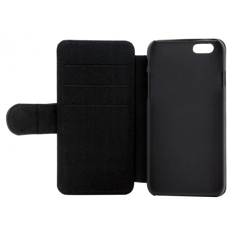 May include: Black leather phone case with a flap that folds over the screen. The case has three card slots on the inside of the flap.