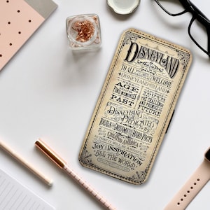 Custodia per telefono con portafoglio e inserti per carte, custodia per telefono in pelle personalizzata, custodia per telefono personalizzata, cartello di benvenuto Disney Vintage Disneyland