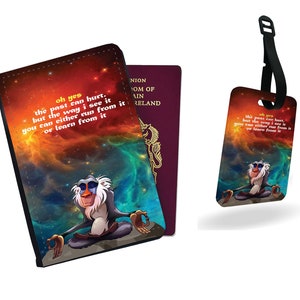 Personalised Faux Leather Passport Cover & Luggage Tag - Travel Accessories Set Gift - Disney Lion King Mandrill Wise Life Quote