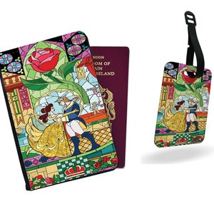 Étui pour passeport personnalisé, Étiquette à bagage personnalisée, Ensemble d'accessoires de voyage, La Belle et la Bête Disney, Cadeau pour elle, Mosaïque en vitrail