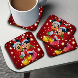 Personalisierte Hochglanz-Tassenuntersetzer, quadratische Getränkeuntersetzer, runder Kaffeeuntersetzer, individuelles Geschenk, Weihnachten mit Mickey Mouse und Minnie