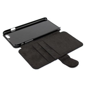 May include: Black leather phone case with a flap that folds over the screen. The case has slots for credit cards and a pocket for cash.