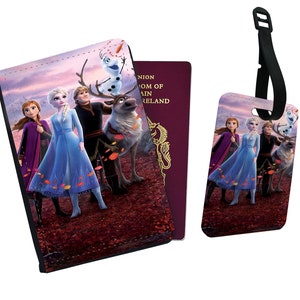 Gepersonaliseerde paspoorthoes, gepersonaliseerd bagagelabel, gepersonaliseerd cadeau, reizen, cadeaus. Elsa, Anna, Kristoff, Olaf - DISNEY FROZEN 2