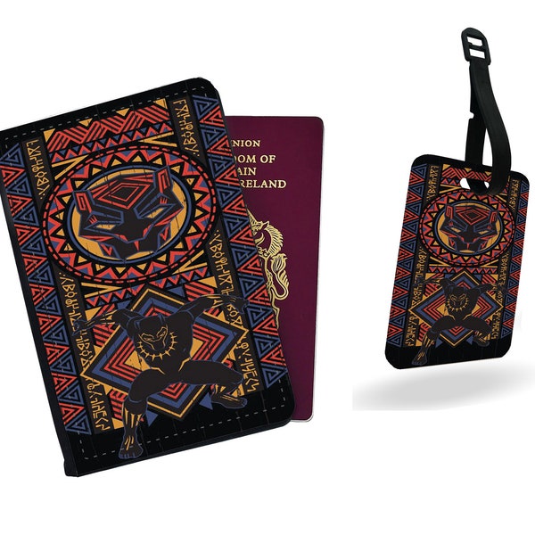 Personalised Passport Cover, Custom Luggage Tag, Marvel Travel Set Gift, Avengers Black Panther, Aztec Pattern, Wakanda Forever