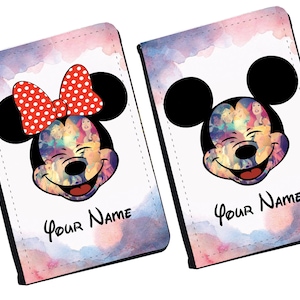 Gepersonaliseerde bijpassende Disney-paspoorthoes van kunstleer en bagagelabel, cadeauset reisaccessoires, Mickey Mouse en Minnie Mouse