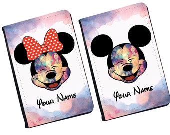 Etiquette à passeport et étiquette à bagage Disney en similicuir assortie personnalisée, coffret cadeau d&#39;accessoires de voyage, Mickey et Minnie Mouse