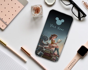 Brieftaschen-Telefonabdeckung mit Karteneinsätzen, personalisierte Leder-Telefonabdeckung, benutzerdefinierte Telefonhülle, Disney-Schönheit und das Biest - Fügen Sie Ihren Namen hinzu!