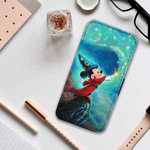 Custodia per telefono con portafoglio e inserti per carte di credito, custodia per telefono in pelle personalizzata, custodia per telefono personalizzata con il mago Topolino: aggiungi il tuo nome!