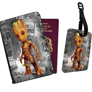 Gepersonaliseerde paspoorthoes en bagagelabel, cadeau reisaccessoires, Marvel, Avengers, Guardians of the Galaxy, Groot
