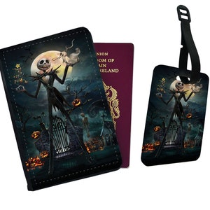 Gepersonaliseerde paspoorthoes en bagagelabel, cadeau, reizen, avontuur, nachtmerrie Jack Skellington