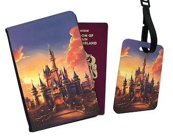 Personalised Passport Cover, Customised Luggage tag, Travel Set, Disneyland Castle, First Trip to Disney, First Holiday, Gift for her