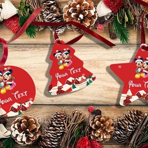 Personalisierte Weihnachtsbaumschmuck, Hochglanz Weihnachtsdekoration, individuelles Geschenk mit Namen, Disney, Mickey Mouse & Minnie, Wichteln