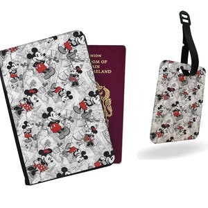 Gepersonaliseerde paspoorthoes, aangepast bagagelabel, reiscadeauset, Mickey Mouse, vintage cartoon
