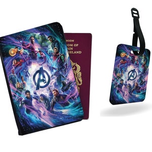 Gepersonaliseerde kunstleren paspoorthoes en bagagelabel - Set reisaccessoires cadeau - Marvel Avengers Endgame Infinity War Superheroes