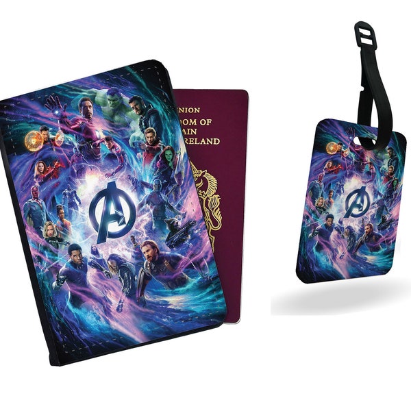 Personalised Faux Leather Passport Cover & Luggage Tag - Travel Accessories Set Gift - Marvel Avengers Endgame Infinity War Superheroes