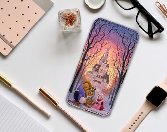 Étui portefeuille avec inserts pour cartes, housse de téléphone en cuir personnalisée, princesse Disney, cadeau pour elle, la belle et la bête - ajoutez votre nom !