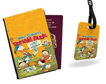 Personalised Faux Leather Passport Cover & Luggage Tag - Travel Accessories Set Gift - Disney Donald Duck Lost in the Andes