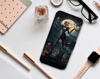 Wallet Phone Cover with Card Inserts, Personalised Leather Phone Cover, Custom Phone Case, The Nightmare Before Christmas, Jack and Sally