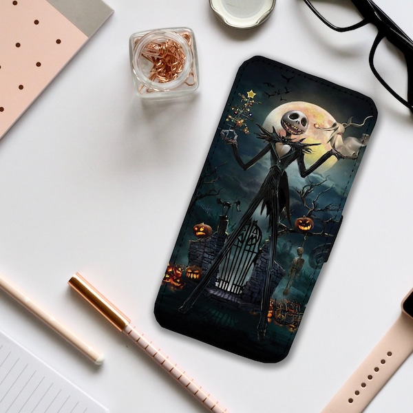 Wallet Phone Cover with Card Inserts, Personalised Leather Phone Cover, Custom Phone Case, The Nightmare Before Christmas, Jack and Sally