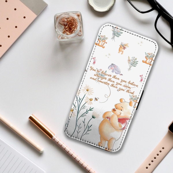 Wallet Phone Cover with Card Inserts, Personalised Leather Phone Cover, Custom Phone Case, Disney Quote, Cute Winnie Pooh - Add your name!