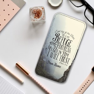 Funda de teléfono tipo billetera con tarjetero, funda de cuero personalizada, funda personalizada, versículo bíblico, Salmo 91: Él es mi refugio.