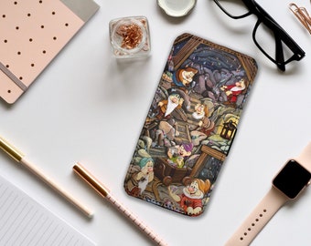 Brieftaschen-Telefonabdeckung mit Karteneinsätzen, personalisierte Leder-Telefonabdeckung, benutzerdefinierte Telefonhülle, Disney-Schneewittchen und die sieben Zwerge