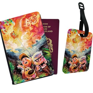 Gepersonaliseerde paspoorthoes, aangepast bagagelabel, reisset, Disney Up, Carl's Adventure, cadeau voor hem