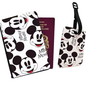 Gepersonaliseerde paspoorthoes, aangepast bagagelabel, reiscadeauset, Mickey Mouse, vintage cartoon