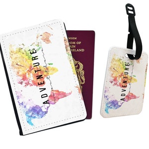 Capa de passaporte e etiqueta de bagagem personalizadas, presente, viagem, aventura, férias, mapa-múndi, viajante do mundo
