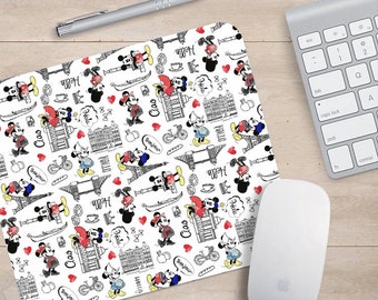 Alfombrilla de ratón para juegos, base de goma antideslizante, superficie impermeable, para la oficina, Disney, Mickey Mouse, Minnie, París - ¡Añade tu nombre!
