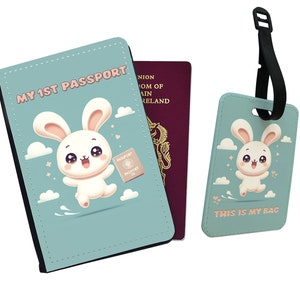 Personalised Passport Cover Holder, Luggage Tag, Travel Essential for Kids, First Passport Holder for Baby, Cute Rabbit Kids Travel Set