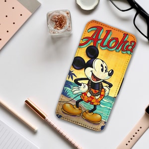 Custodia per telefono con portafoglio e inserti per carte di credito, custodia in pelle personalizzata per telefono, custodia per telefono personalizzata, Disney Aloha Mickey Mouse: aggiungi il tuo nome!