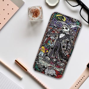 Capa de celular tipo carteira com compartimentos para cartões, capa de celular personalizada, capa de celular personalizada, capa de O Estranho Mundo de Jack, Jack e Sally