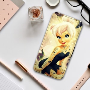 Funda de teléfono tipo billetera con tarjetero, funda de cuero personalizada, funda personalizada para ella, estilo retro de Campanilla, polvo de hadas