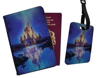 Personalised Passport Cover, Customised Luggage tag, Travel Gift Set,  Mickey Mouse, Vintage Disney Castle - Add your name!