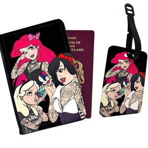 Personalised Faux Leather Passport Cover & Luggage Tag - Travel Accessories Set Gift -  "Retro Disney Princesses"