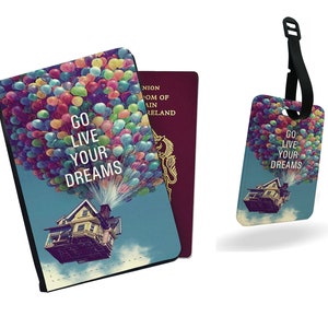 Gepersonaliseerde kunstleren paspoorthoes en bagagelabel - Reisaccessoiresset cadeau - Disney Up House-ballonnen Go Live Your Dreams