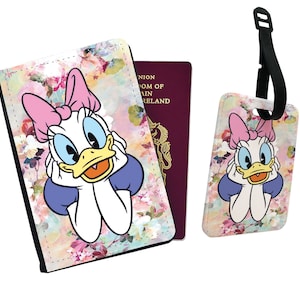Gepersonaliseerde paspoorthoes, aangepast bagagelabel, cadeau voor haar, reisset, bruidsfeestset, Disney Daisy Duck