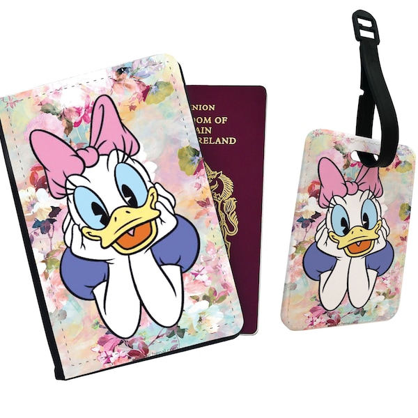 Personalised Passport Cover, Customised  Luggage Tag, gift for her, Travel Set, Bridal Party Set, Disney Daisy Duck