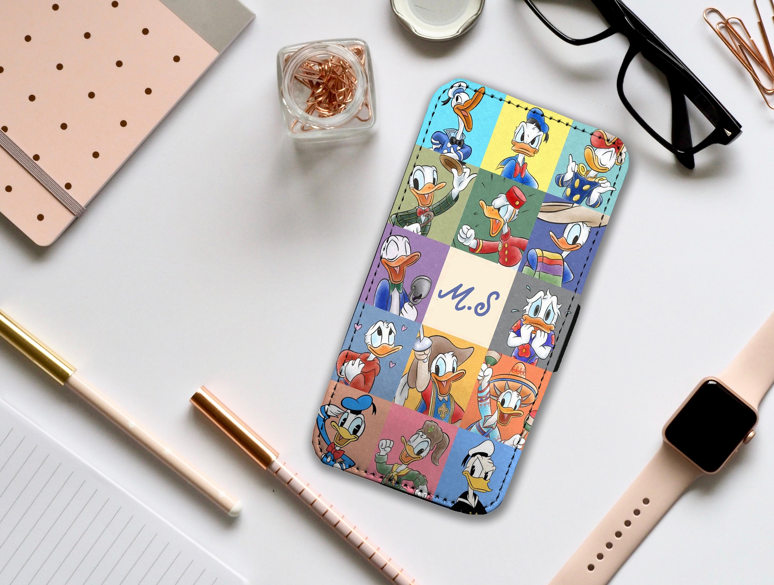 Wallet Phone Cover with Card Inserts, Personalised Leather Phone Cover, Custom Phone Case, Angry Donald Duck - Add your initials!