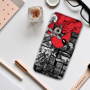 Capa de celular tipo carteira com compartimentos para cartões, capa de celular de couro personalizada, capa de celular personalizada, capa de celular do Homem-Aranha, presente para ele - adicione um nome!