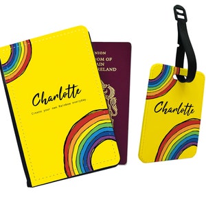 Gepersonaliseerde paspoorthoes, aangepast bagagelabel, essentiële reisset, aangepast cadeau, maak elke dag je eigen regenboog - voeg je naam toe!