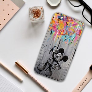 Custodia per telefono con portafoglio e inserti per carte, custodia in pelle personalizzata, custodia per telefono personalizzata, Topolino Disney