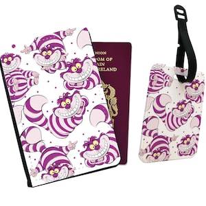 Gepersonaliseerde paspoorthoes, aangepast bagagelabel, Disney-reisset, Alice In Wonderland, de Cheshire Cat - voeg je naam toe!